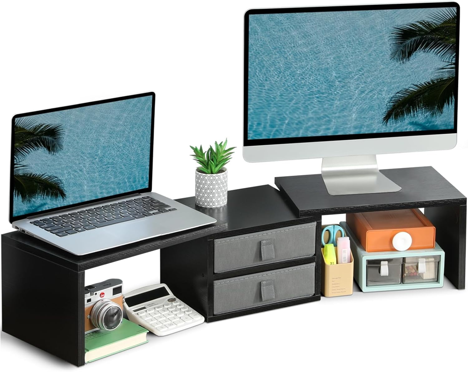Dual Monitor Stand Riser with 2 Drawers - Length and Angle Adjustable ...