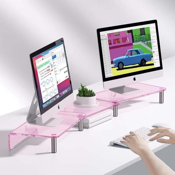 Dual Monitor Stand Riser, 3-Layer Pink Acrylic Desk Organizer with -Slip Pads for 2 Screens