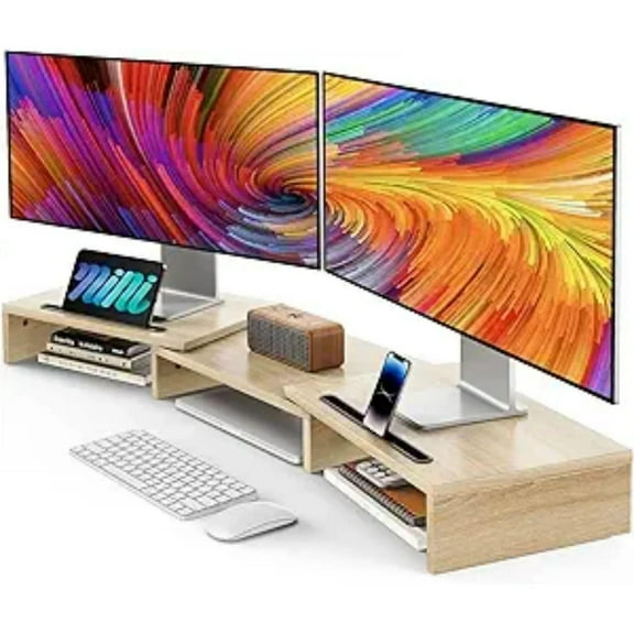 Dual Monitor Stand Riser- 3 Shelf Screen Stand with Adjustable Length and Angle, 2 Extra Functional Slot Desktop Organizer Stand for PC, Computer, Laptop