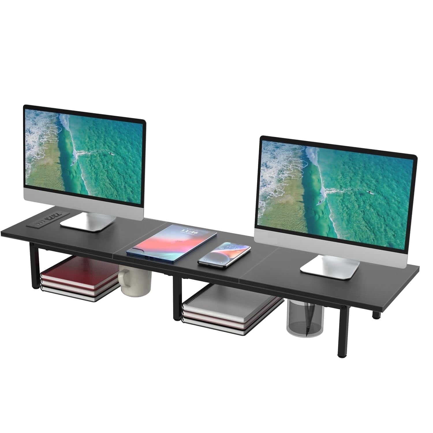 Dual Monitor Stand Riser, 37.5" Desktop Organizer for 2 Monitors Wood & Steel TV/Laptop/Printer Holder with Integrated USB Ports Black