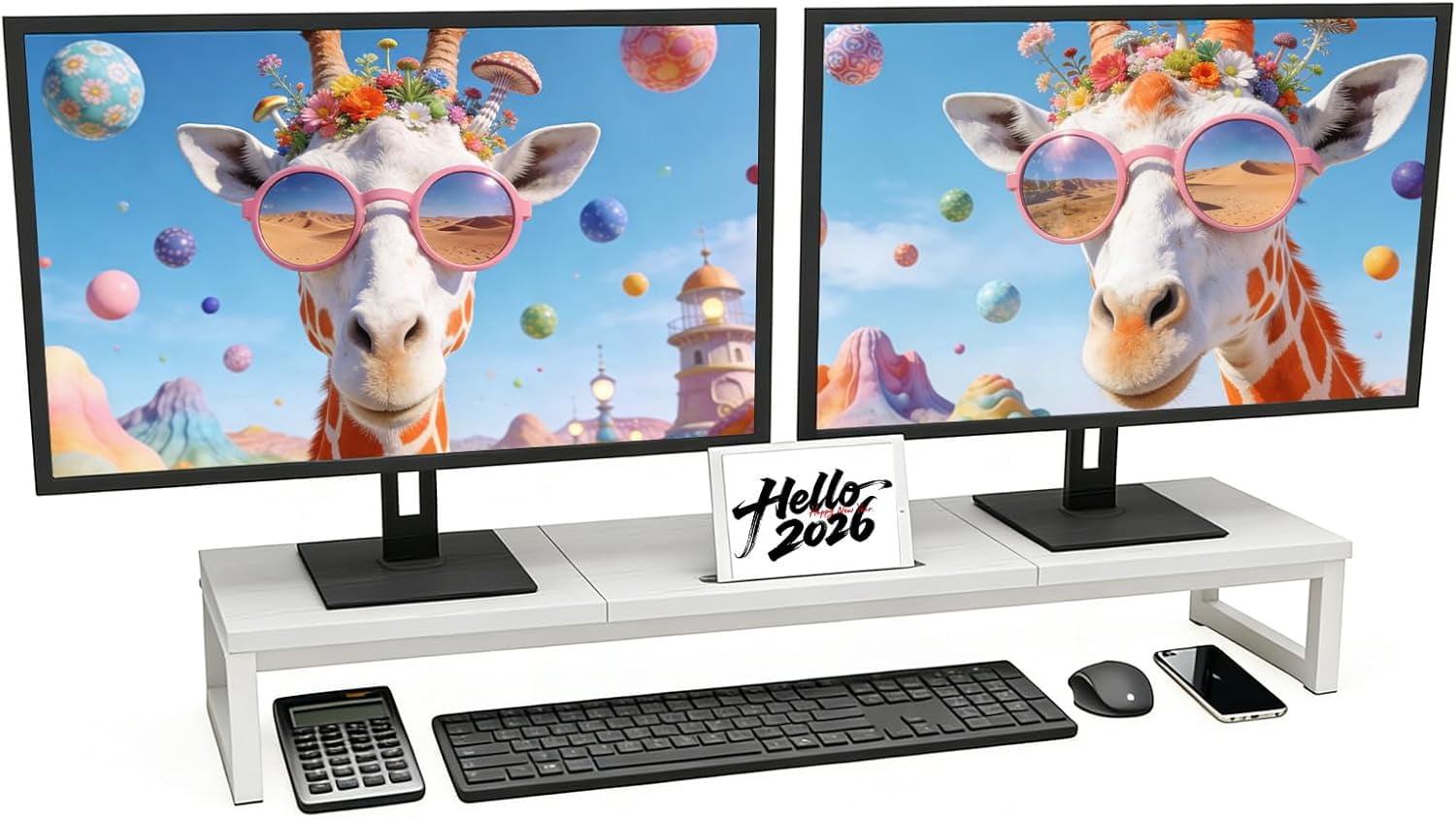 Dual Monitor Stand Riser 38.7 Inch Long Wood & Steel, 2 Monitors Desktop Stand with Tablet Holder, Ergonomic Organizer for Computer Laptop TV
