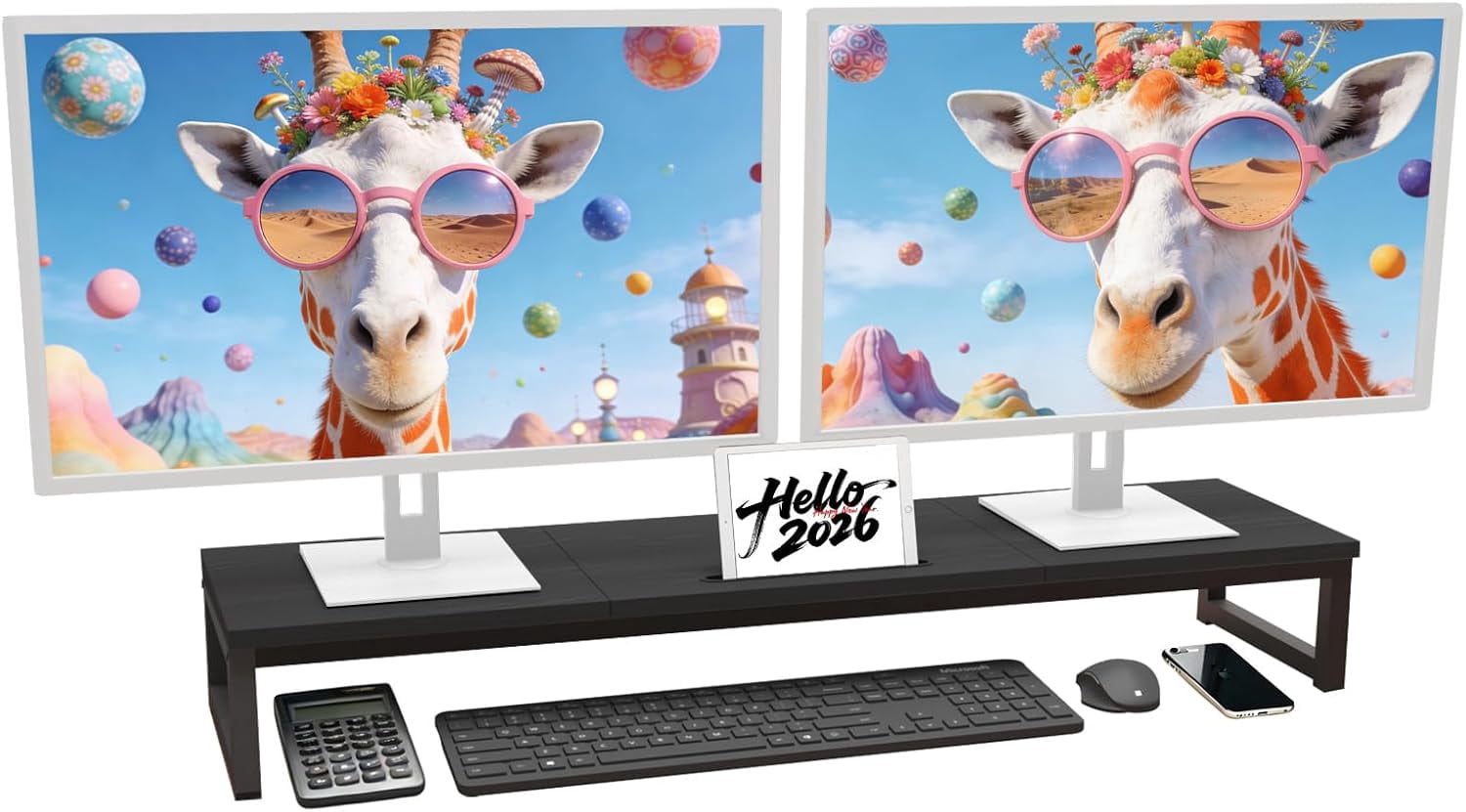 Dual Monitor Stand Riser 38.7 Inch Long Wood & Steel, 2 Monitors Desktop Stand with Tablet Holder, Ergonomic Organizer for Computer Laptop TV