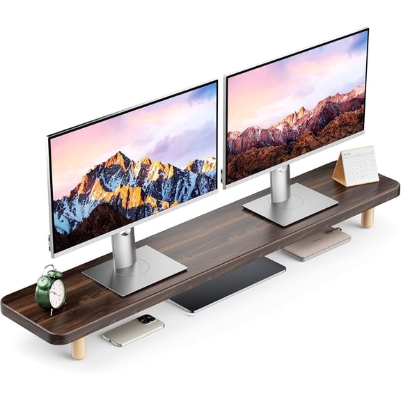 Dual Monitor Stand Riser, 39 Inch Extra Long Wooden Desktop Monitor Riser with Storage for 2 Monitors Ultra Strong Desk Shelf Organizer Riser Ergonomic for 2 Screens/Laptop/PC/TV/Printer, Dark Walnut