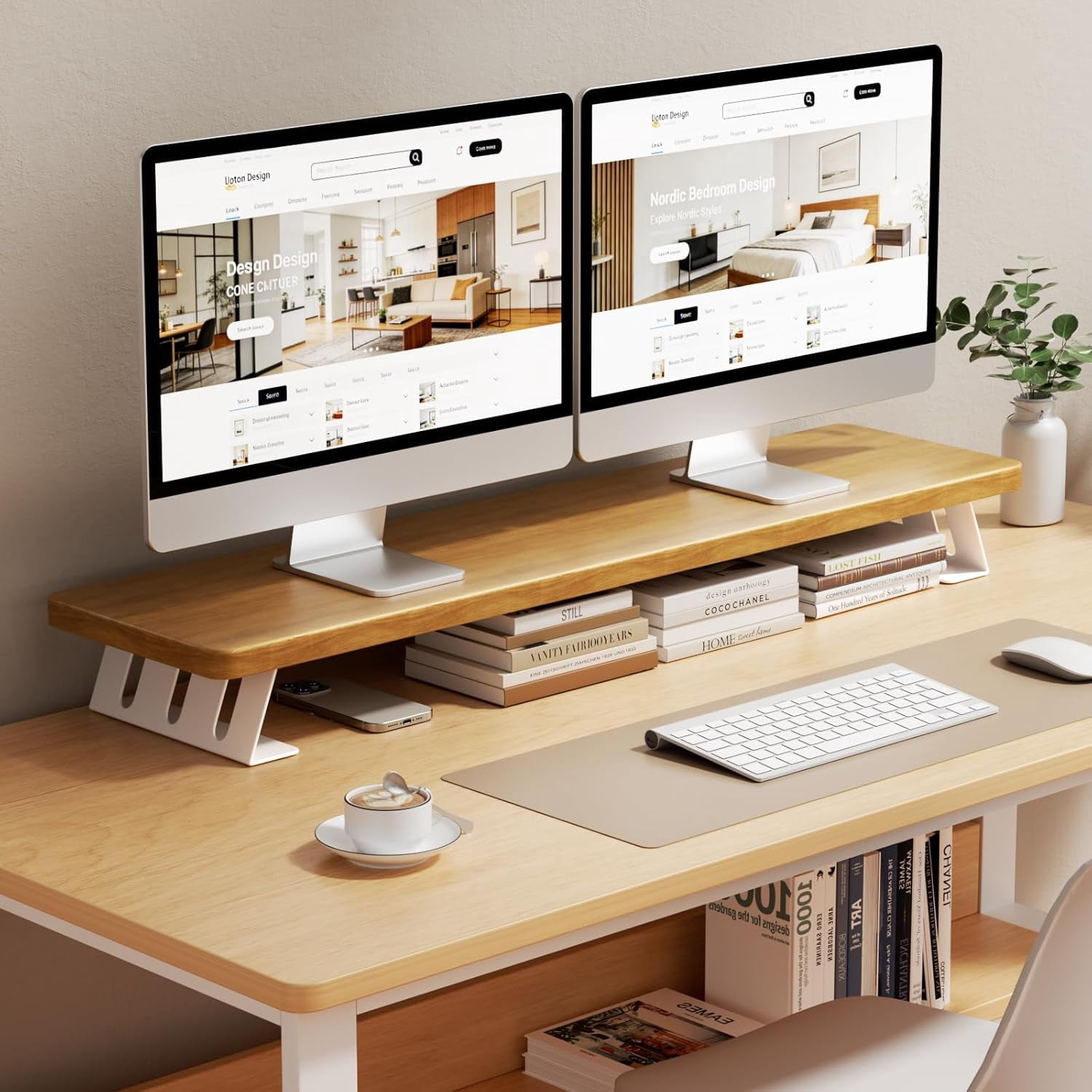 Dual Monitor Stand Riser, 39 Inch Large Wood Monitor Stands for 2 Monitors, Desk Monitor Riser for Computer/Laptop/Printer/TV, Supports  to 220 lbs