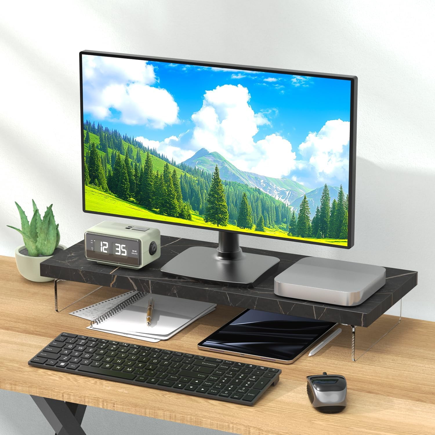 Dual Monitor Stand Riser, 40 Inch Large Computer Monitor Shelf with Storage for Office Desk, Wood Acrylic Desktop Organizer for Laptop TV Printer
