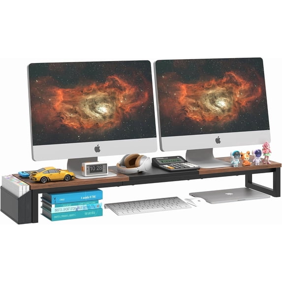Dual Monitor Stand Riser,41.5'' Long Monitor Stand for 2 Monitors, Wood Computer Riser with Pocket, Desktop Oraganizer with Pen Holder, Monitor Riser for Desk Computer,Laptop,TV,Rustic Brown