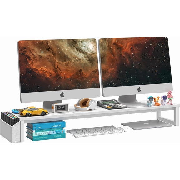 Dual Monitor Stand Riser,41.5'' Long Monitor Stand for 2 Monitors, Wood and Steel Computer Monitor Stand, Desktop Oraganizer with Pen Holder, Monitor Riser for Desk Computer,Laptop,TV, White