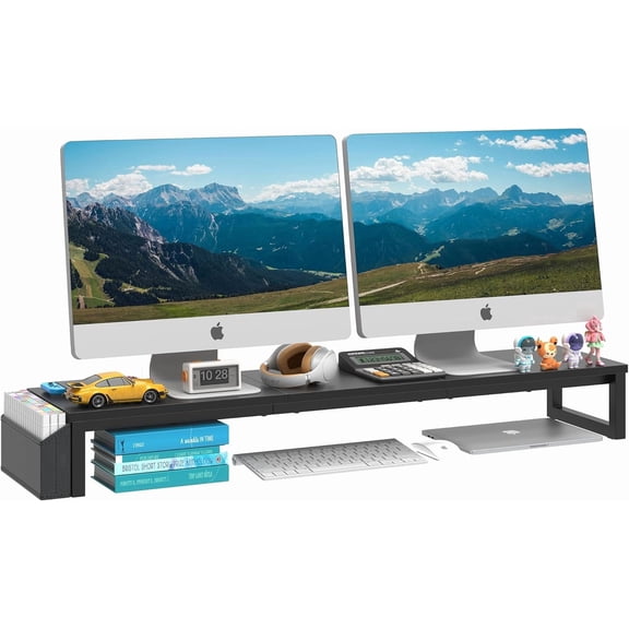 Dual Monitor Stand Riser,41.5'' Long Monitor Stand for 2 Monitors, Wood and Steel Computer Monitor Stand, Desktop Oraganizer with Pen Holder, Monitor Riser for Desk Computer,Laptop,TV, Black