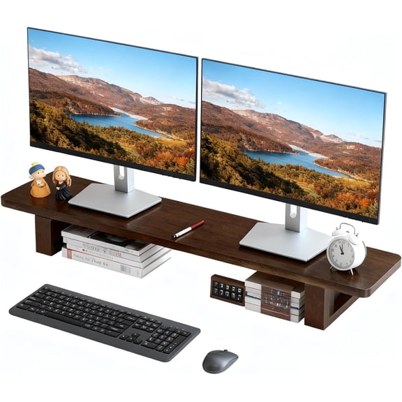 Dual Monitor Stand Riser, 47Inch Solid Wood Desktop Organizer with Non-Slip Pads, Holder for 2 Monitors, Laptops, TV, PC, Printer, Walnut Finish