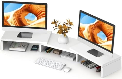 Dual Monitor Stand Riser, Computer Monitor Stands for 2 Monitors, Extra Long Multifunctional Desktop Organizer Riser for Computer, Laptop, PC, Printer, TV, Max 43.3" Length, White
