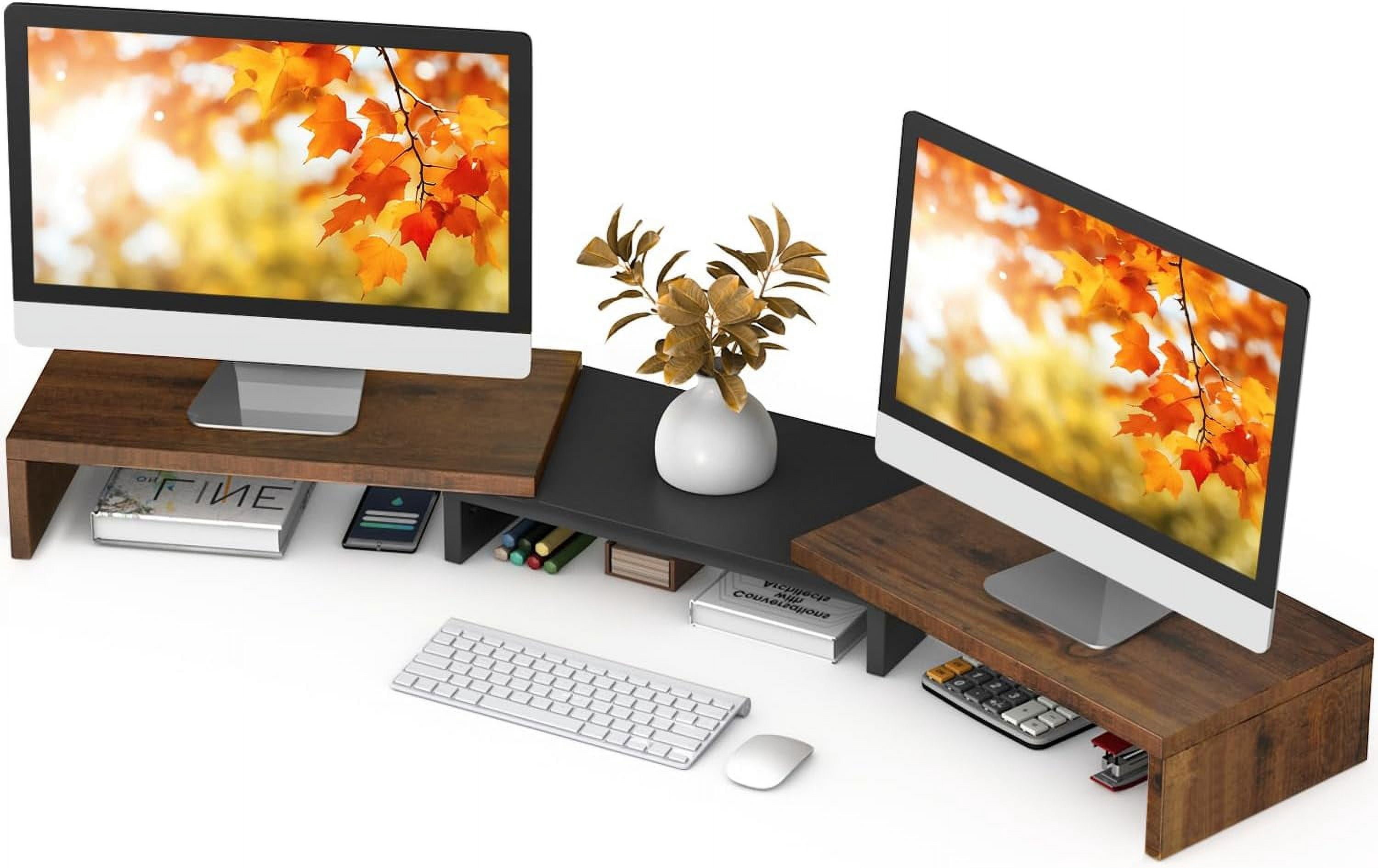 Dual Monitor Stand Riser, Computer Monitor Stands for 2 Monitors, Extra Long Multifunctional Wooden Desktop Organizer Riser for Computer, Laptop, PC, Printer, TV, Max 43.3" Length
