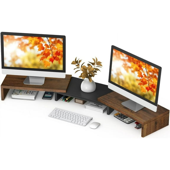 Dual Monitor Stand Riser, Computer Monitor Stands for 2 Monitors, Extra Long Multifunctional Wooden Desktop Organizer Riser for Computer, Laptop, PC, Printer, TV, Max 43.3" Length