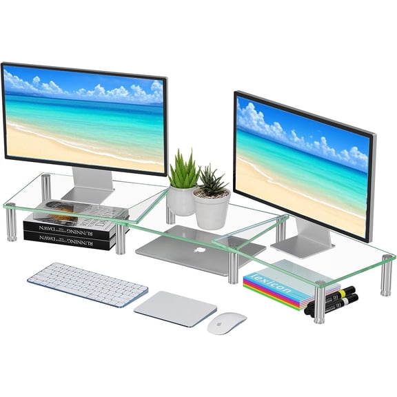 Dual Monitor Stand Riser, Computer Office Desktop Organizer for 2 Monitors with Tempered Glass, Adjustable Length and Angle Stand for Laptop,Printer,TV