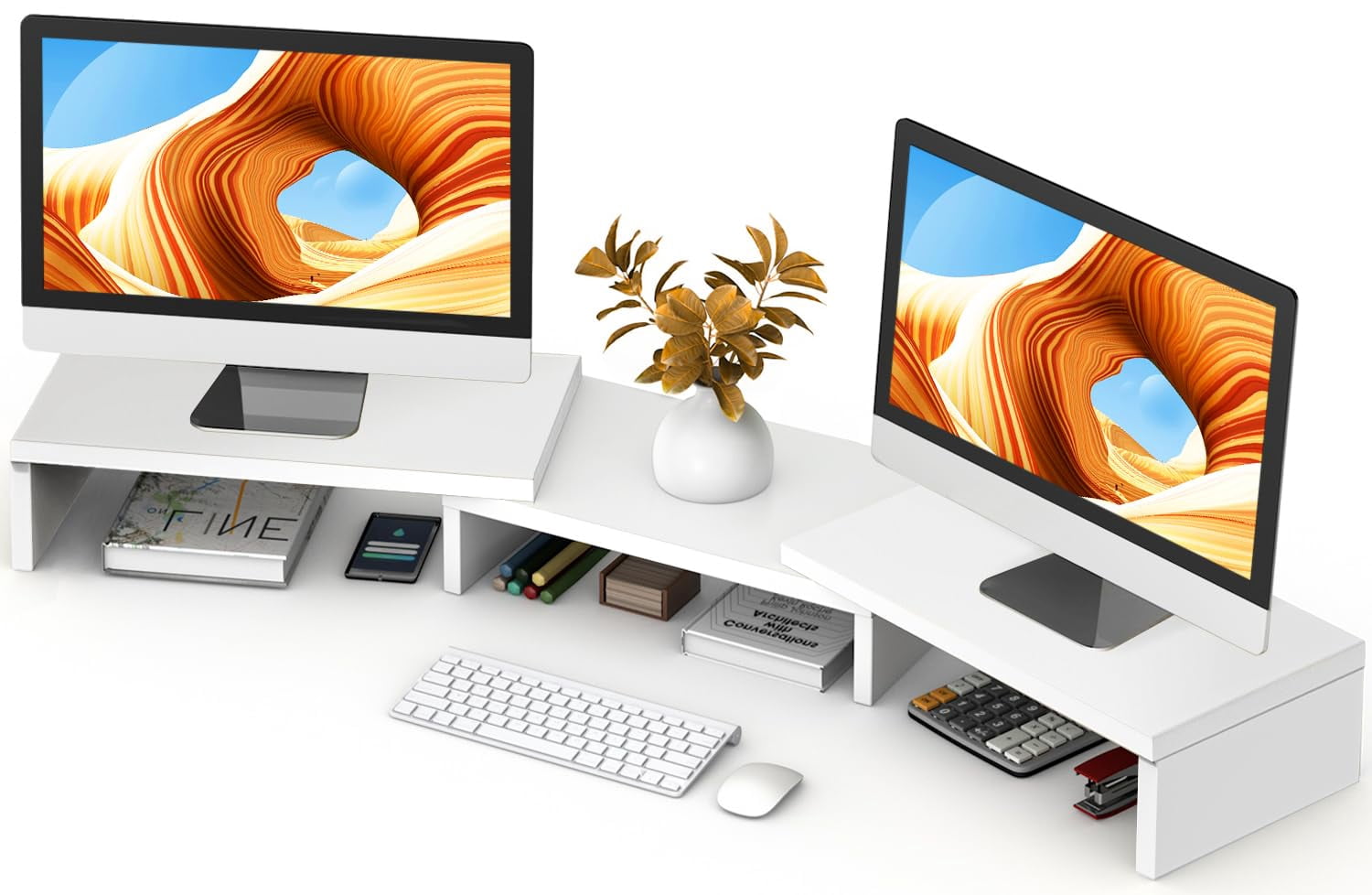 Dual Monitor Stand Riser  Computer Stands For 2 Monitors Extra Long Multifunctional Desktop Organizer Laptop Pc Printer Tv Max 43.3" Length White