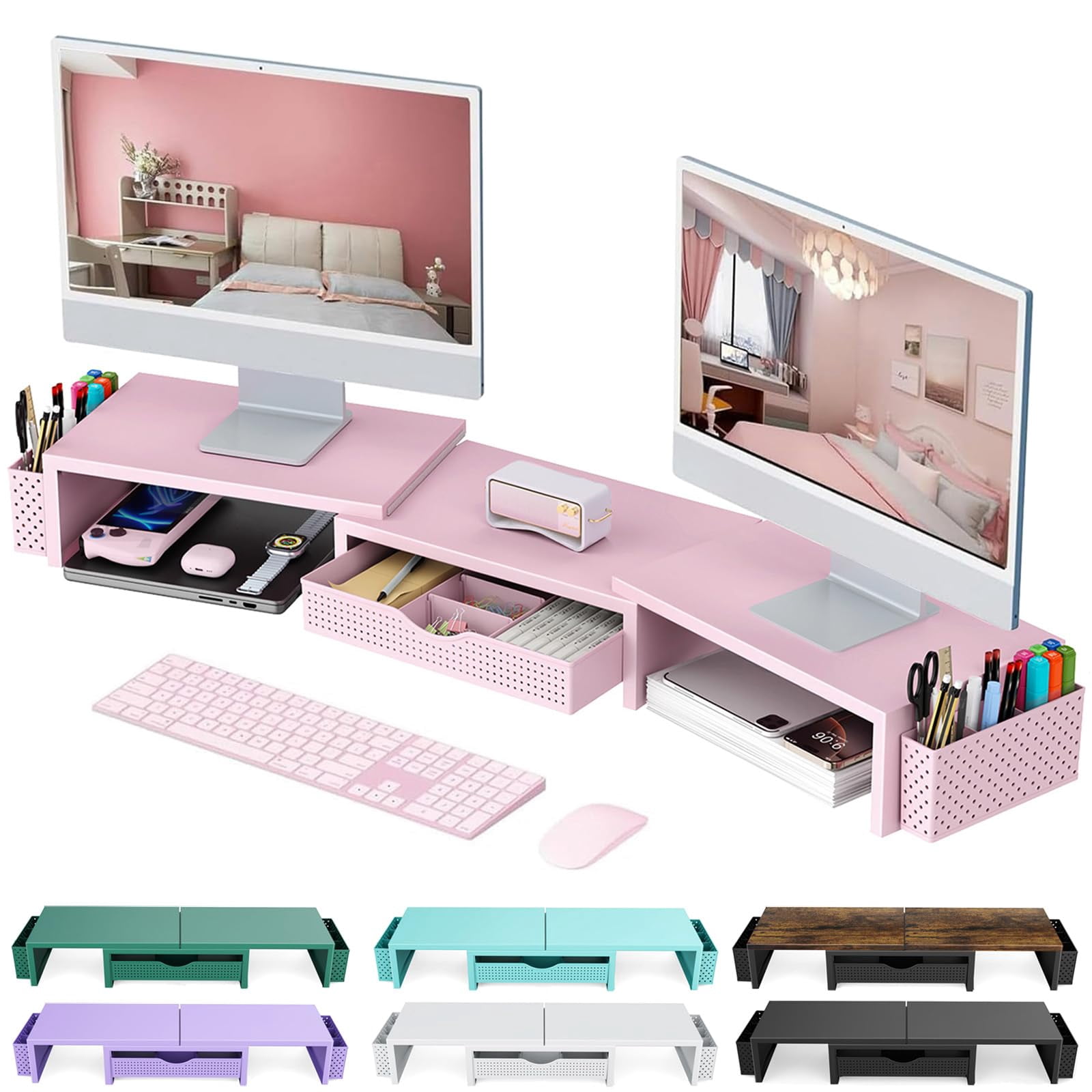 Dual Monitor Stand Riser  Desk Organizer With Drawer And 2 Pen Holders Organizers Accessories Pink Office Supplies (pink)