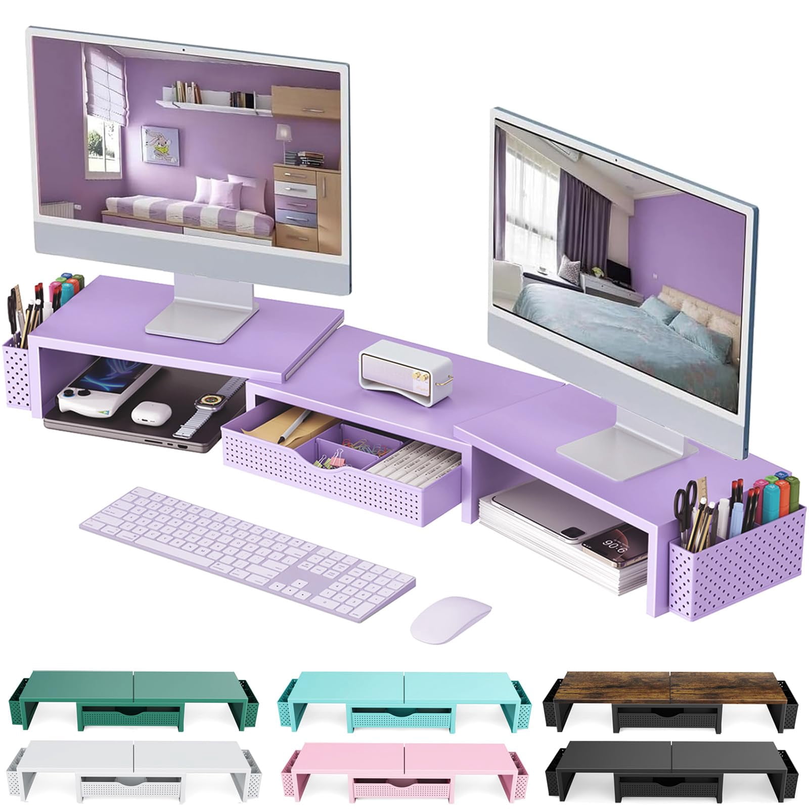 Dual Monitor Stand Riser  Desk Organizer With Drawer And 2 Pen Holders Organizers Accessories Purple Office Decor (purple)