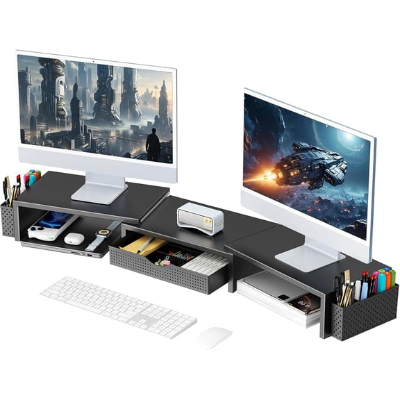 Dual Monitor Stand Riser, Desk Organizer With Drawer and 2 Pen Holders, Computer Monitor Stand, Desk Shelf for Top of Desk (Black)