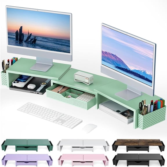 Dual Monitor Stand Riser, Desk Organizer With Drawer and 2 Pen Holders, Computer Monitor Stand, Desk Shelf for Top of Desk (Sage Green)