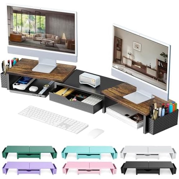 Dual Monitor Stand Riser, Desk Organizer With Drawer and 2 Pen Holders,Computer Monitor Stand, Desk Shelf for Top of Desk, Wood