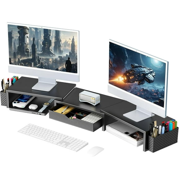 Dual Monitor Stand Riser, Desk Organizer With Drawer and 2 Pen Holders, Computer Monitor Stand, Shelf for Top of Desk, Black
