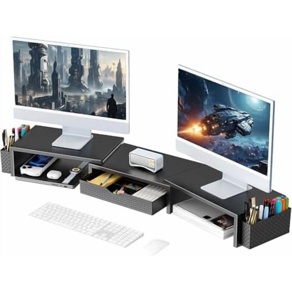 Dual Monitor Stand Riser, Desk Organizer With Drawer and 2 Pen Holders, Computer Monitor Stand, Shelf for Top of Desk, Black