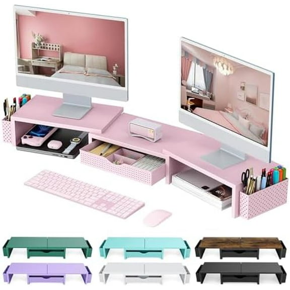 Dual Monitor Stand Riser, Desk Organizer With Drawer and 2 Pen Holders,Desk Organizers and Accessories, Pink Office Supplies (Pink)