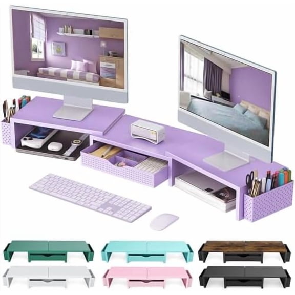 Dual Monitor Stand Riser, Desk Organizer With Drawer and 2 Pen Holders, Desk Organizers and Accessories, Purple Office Decor (Purple)