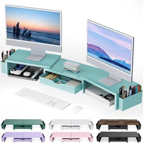 Dual Monitor Stand Riser, Desk Organizer With Drawer and 2 Pen Holders, Monitor Stand for Desk, Office Decor Essentials (Blue)
