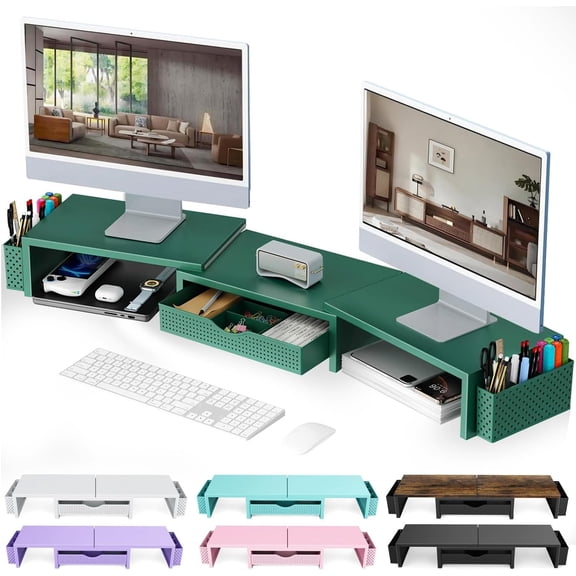 Dual Monitor Stand Riser, Desk Organizer With Drawer and 2 Pen Holders, Monitor Stand for Desk, Office Decor Essentials (Green)