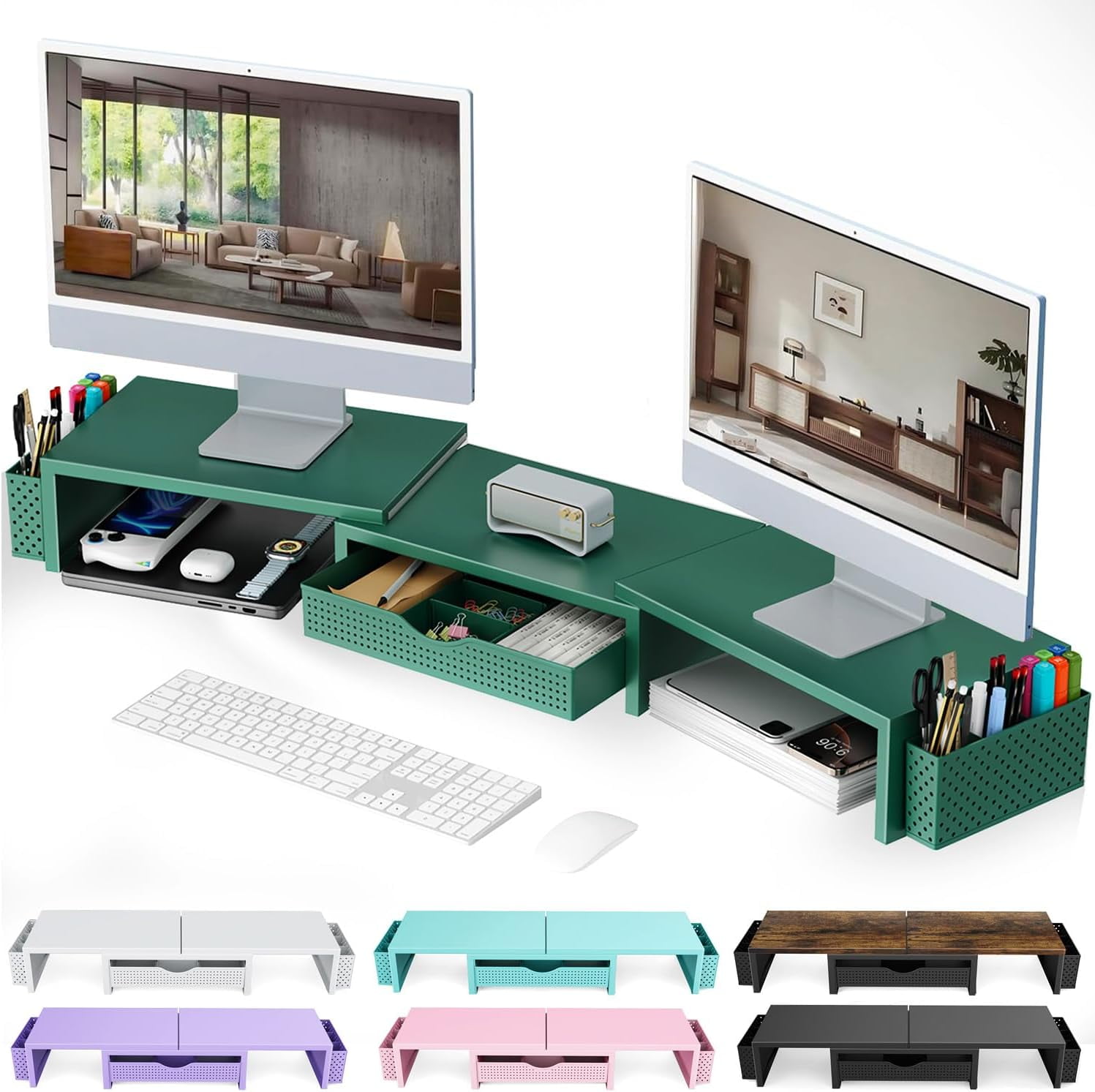 Dual Monitor Stand Riser, Desk Organizer With Drawer and 2 Pen Holders, Monitor Stand for Desk, Office Decor Essentials (Green)