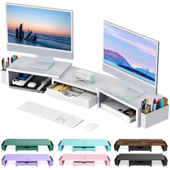 Dual Monitor Stand Riser, Desk Organizer With Drawer and 2 Pen Holders, Monitor Stand for Desk, Office Decor Essentials (White)