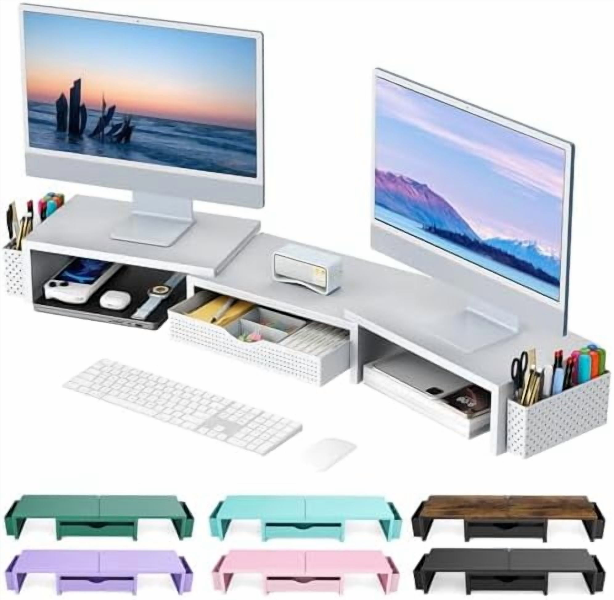 Dual Monitor Stand Riser, Desk Organizer With Drawer and 2 Pen Holders, Monitor Stand for Desk, Office Decor Essentials (White)