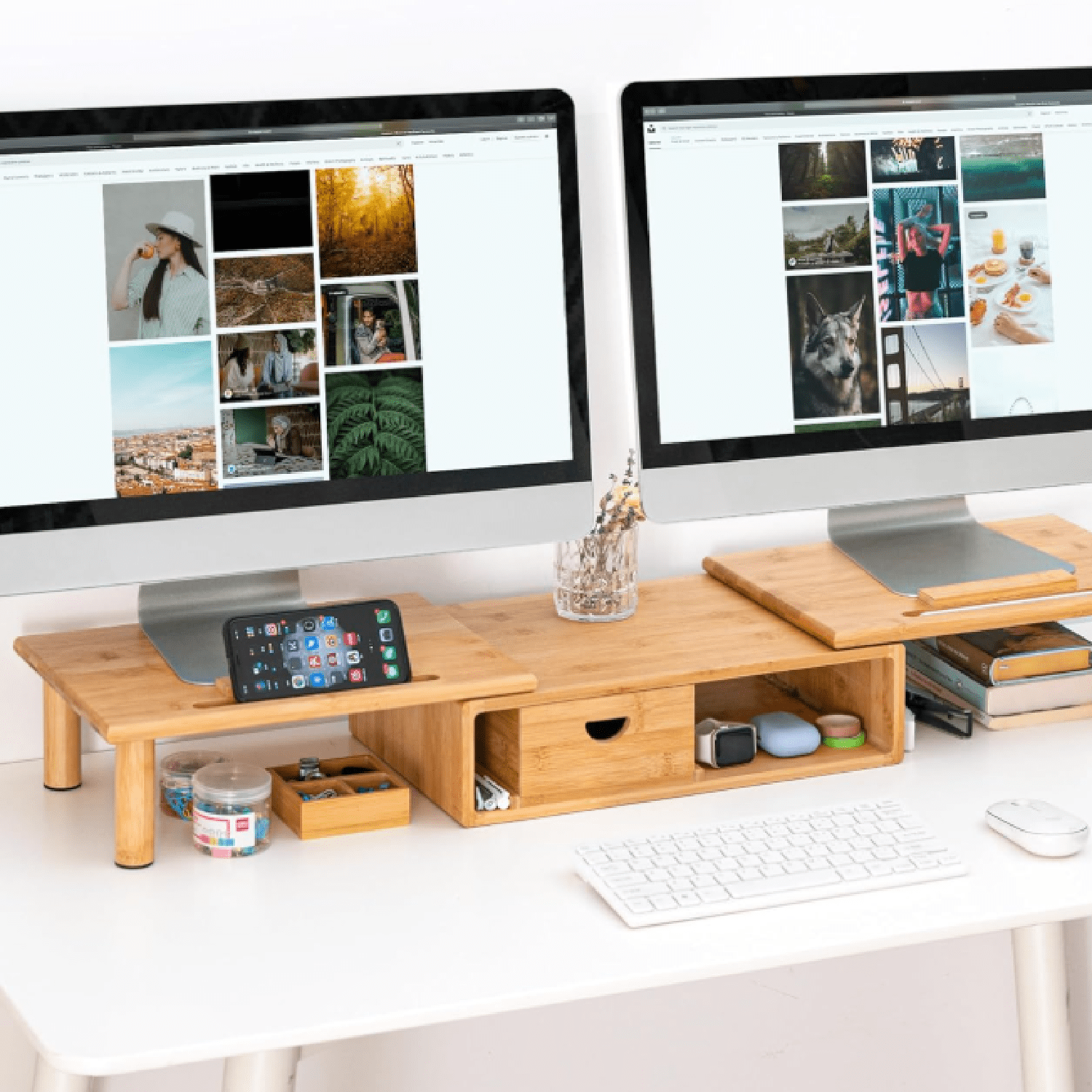 Dual Monitor Stand Riser with Drawer for Desk Laptop Desk Shelf with Adjustable Length and Angle, Bamboo Computer Stand Riser for 2 or 3 Monitors Screen Laptop PC TV -Natural
