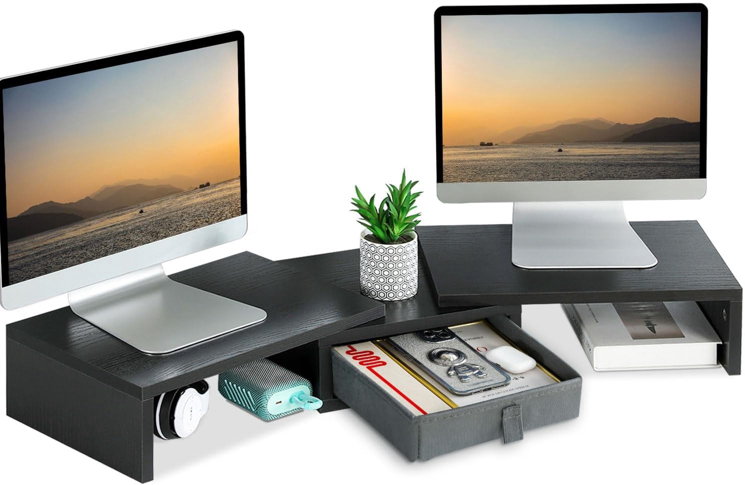 Dual Monitor Stand Riser with Drawer - Length and Angle Adjustable Double Monitor Riser Corner Desk Shelf Organizer 37 inch Long Monitor Riser for 2 Monitors/Laptop/PC/Screen/TV