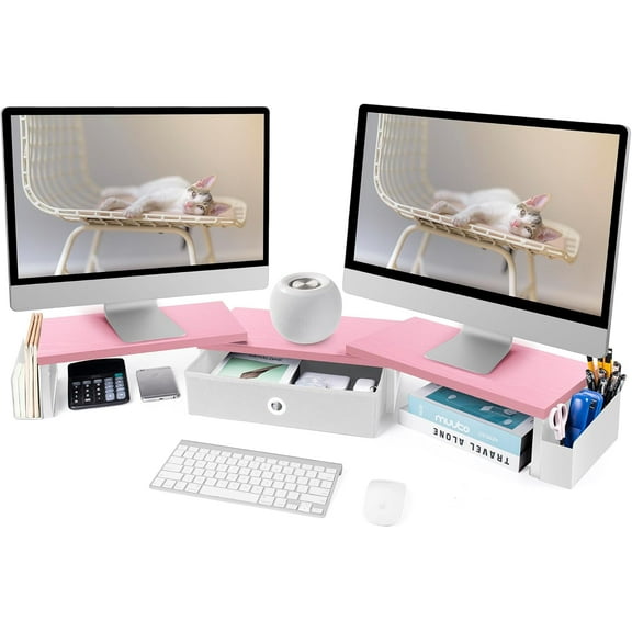 Dual Monitor Stand Riser With Drawer & Metal Leg, Large Desk Shelf For 2 Monitors w/ Adjustable Length & Angle, Desktop Organizer For Laptop/TV/Printer