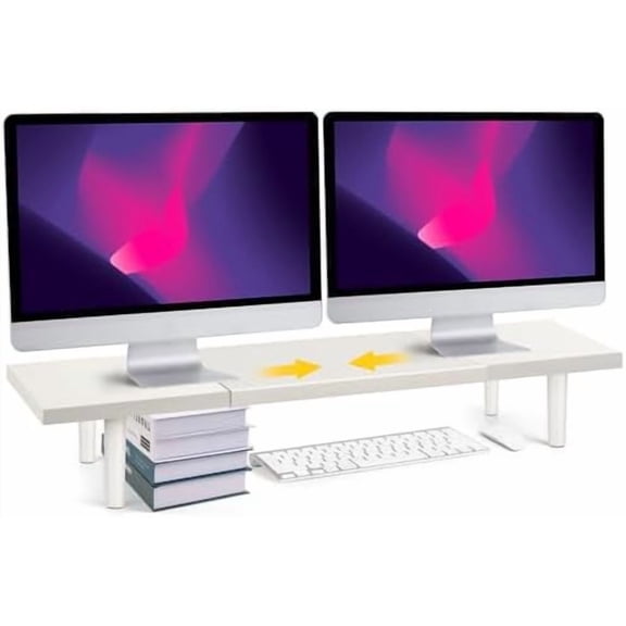 Dual-Monitor-Stand-Riser-For-Desk Adjustable Length 32-40 Inch，Large Desktop Computer Monitor Riser For 2 Screens，Desk Shelf Organizer Riser Stand For Computer/Laptop/PC/Printer/TV White