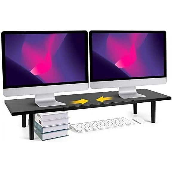 Dual-Monitor-Stand-Riser-For-Desk Adjustable Length 32-40 Inch,Large Desktop Computer Monitor Riser For 2 Screens,Desk Shelf Organizer Riser Stand For Computer/Laptop/PC/Printer/TV Black