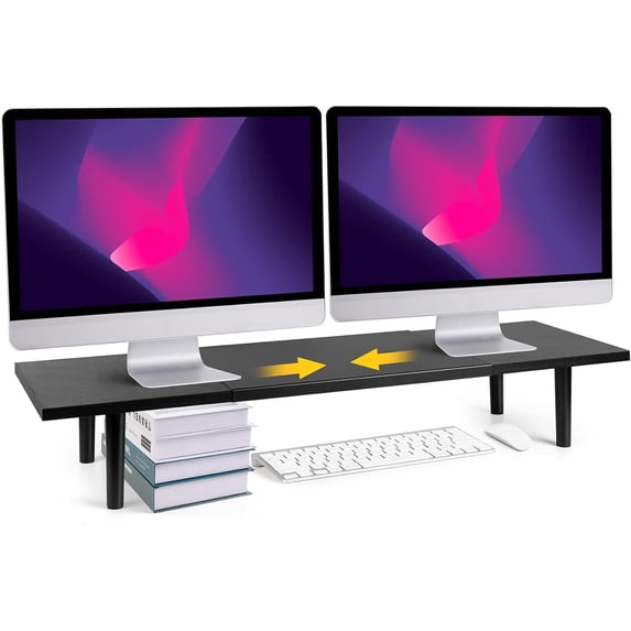 Dual-Monitor-Stand-Riser-For-Desk Adjustable Length 32-40 Inch,Large Desktop Computer Monitor Riser For 2 Screens,Desk Shelf Organizer Riser Stand For Computer/Laptop/PC/Printer/TV Black