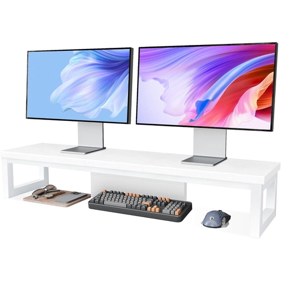 Dual Monitor Stand Riser, Large Computer Monitor Stand for 2 Monitors, Multi-Purpose Desk Organizers and Accessories, Wood and Steel Desk Shelf for Computer, Laptop, Printer, TV, White