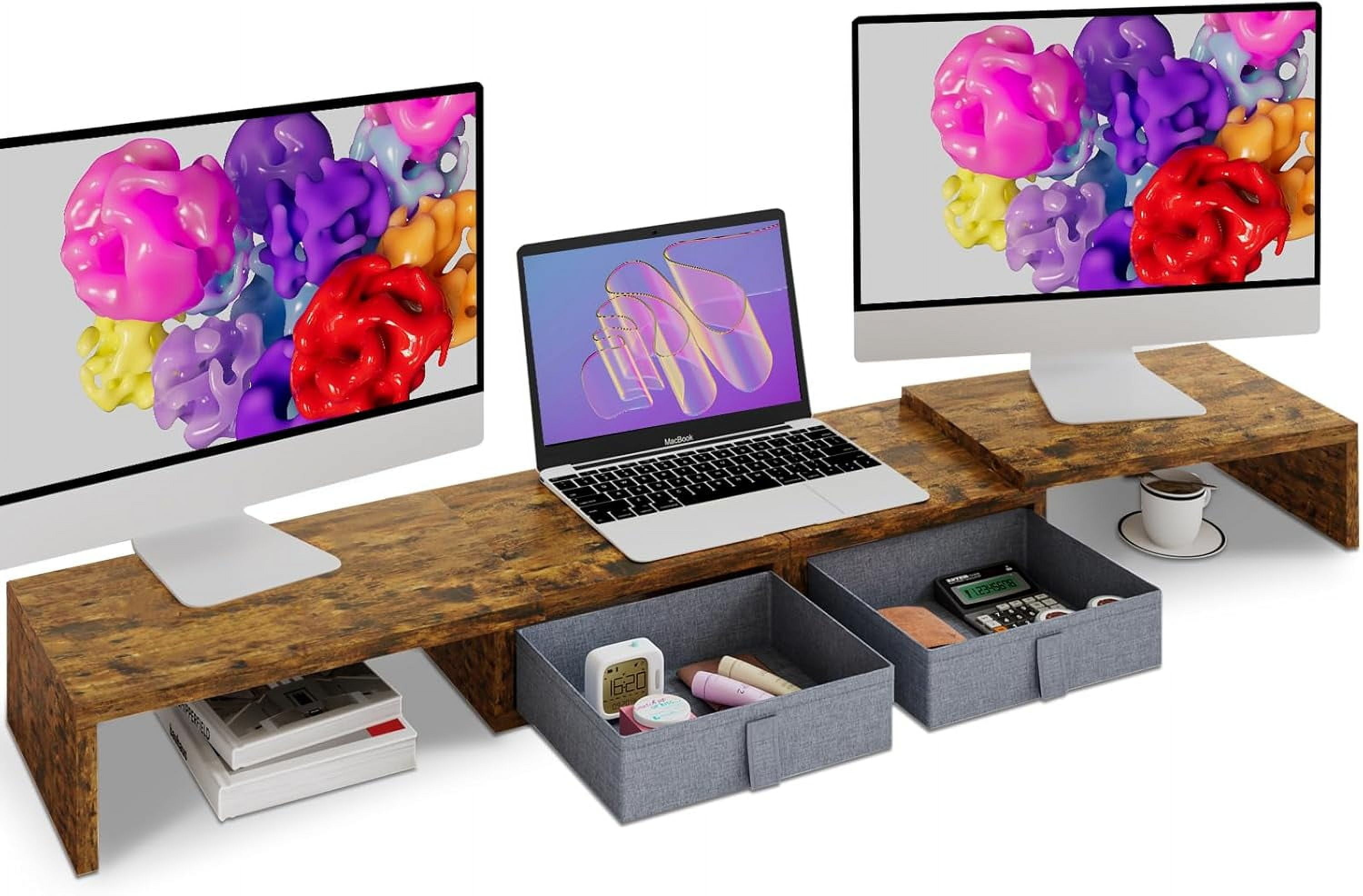 Dual Monitor Stand Riser - Length and Angle Adjustable White Monitor Stand with 2 Drawers to Storage Large Computer Riser for 2 Monitors/Laptop/PC, Wood Screen/TV Stand Desk Organizer (Brown)