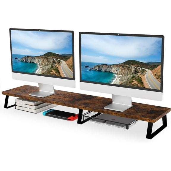 Dual Monitor Stand Riser - Metal Leg Monitor Stand with Drawer, Desk Shelf for PC, Laptop & Screen (Vintage)
