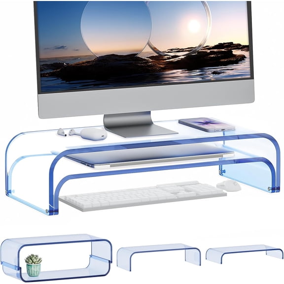 Dual Monitor Stand Riser, Modular Laptop Stand for Desk, Multifunctional Desktop Organizer Shelf for PC, iMac, Printer, Detachable Monitor Stand for Office or Home