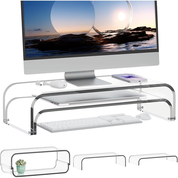 Dual Monitor Stand Riser, Modular Laptop Stand for Desk, Multifunctional Desktop Organizer Shelf for PC, iMac, Printer, Detachable Monitor Stand for Office or Home