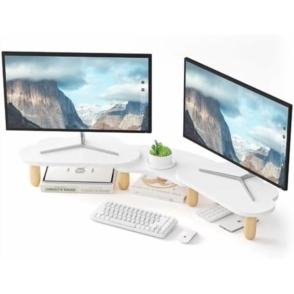 Dual Monitor Stand Riser,Rainbow Cloud Desktop Computer Stand for 2 Monitors,Adjustable Length and Angle Multifunctional Desktop Organizer Stand for Laptop, PC, Computer, Printer,White