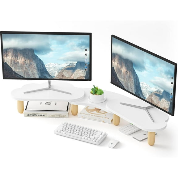 Dual Monitor Stand Riser,Rainbow Cloud Desktop Computer Stand for 2 Monitors,Adjustable Length and Angle Multifunctional Desktop Organizer Stand for Laptop, PC, Computer, Printer,White