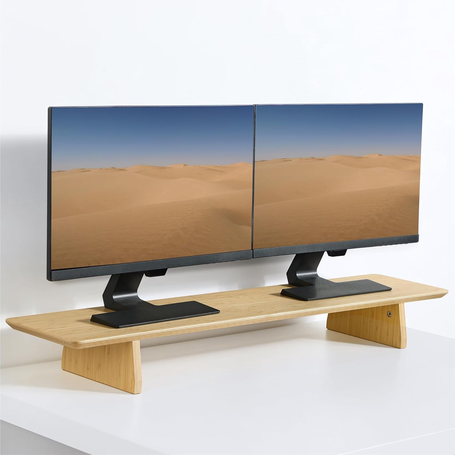 Dual Monitor Stand Riser - Real Wood Double Width Desk Shelf for Holding 2 Computer Screens -