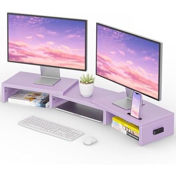 Dual Monitor Stand Riser with Smartphone Holder, Adjustable Length & Swivel Angle, Ergonomic Wooden Desktop Organizer for PC Monitor, Laptop, Printer, Large Storage, Purple