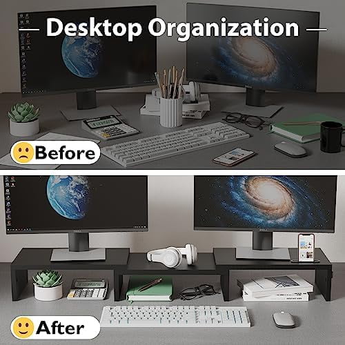 Dual Monitor Stand Riser with Smartphone Holder, Adjustable Length & Swivel Angle, Ergonomic Wooden Desktop Organizer for PC Monitor, Laptop, Printer, Large Storage, Black