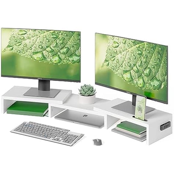 Dual Monitor Stand Riser with Smartphone Holder, Adjustable Length & Swivel Angle, Ergonomic Wooden Desktop Organizer for PC Monitor, Laptop, Printer, Large Storage, White