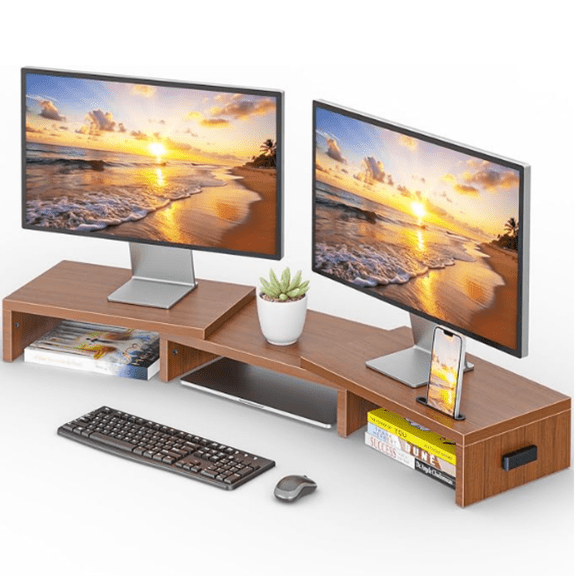 Dual Monitor Stand Riser with Smartphone Holder, Adjustable Length & Swivel Angle, Wooden Desktop Organizer for Monitor, Laptop, Printer, Large Storage, Walnut
